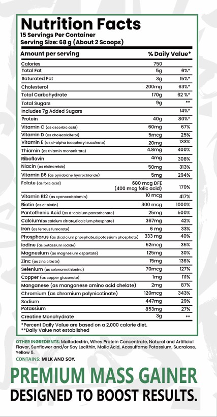 BA Premium Mass Gainer — Nutrition Facts